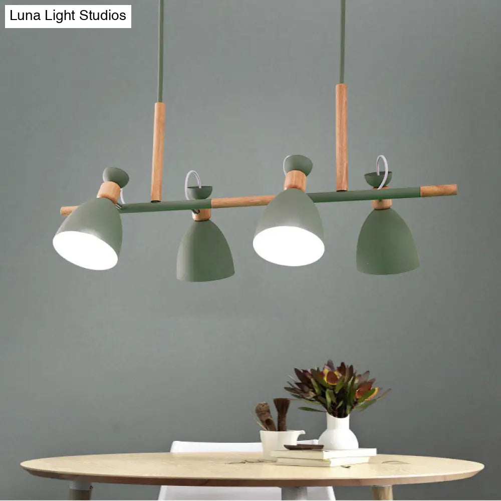 Lámpara de isla DecorBites™ gris/blanca/verde con forma de campana - Colgante nórdico de hierro de 4 luces con diseño giratorio y decoración de madera