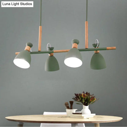 Lámpara de isla DecorBites™ gris/blanca/verde con forma de campana - Colgante nórdico de hierro de 4 luces con diseño giratorio y decoración de madera
