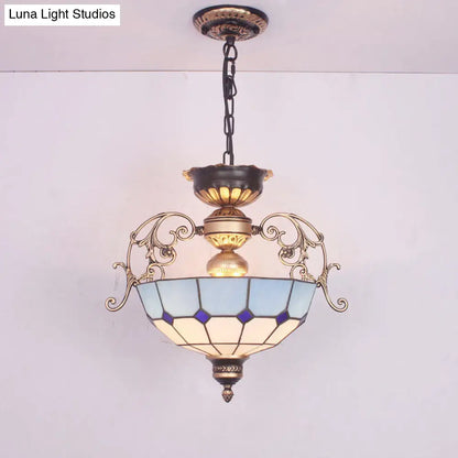 Grid-Glass Inverted Dome Chandelier Pendant Light with 3 Bulbs - Ideal for Entryway