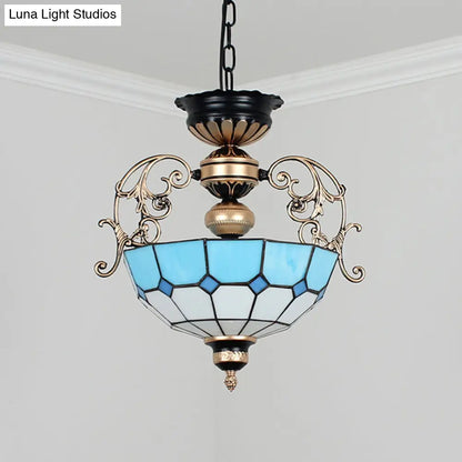 Grid-Glass Inverted Dome Chandelier Pendant Light with 3 Bulbs - Ideal for Entryway