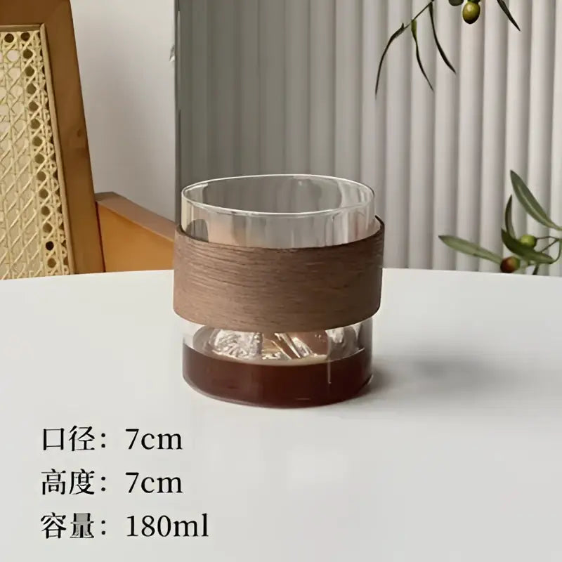 Clear glass coffee cup with woven brown wooden band hanging ear decorbites guanshan hanging for kitchen drinkware
