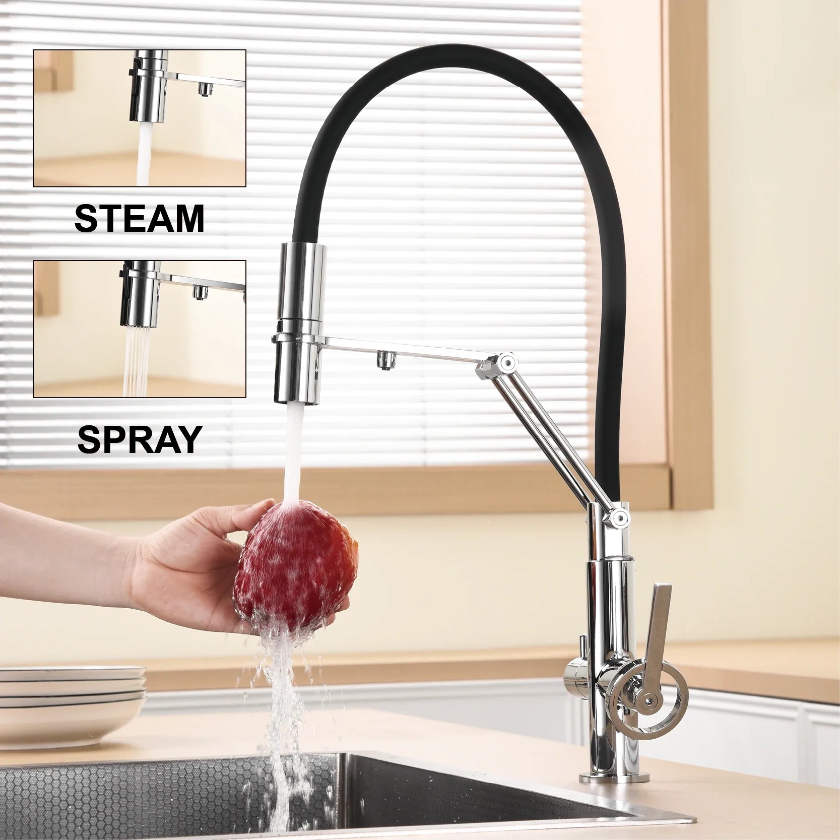Gun gray brass single hole island style kitchen faucet with chrome finish flexible black hose and adjustable spray head