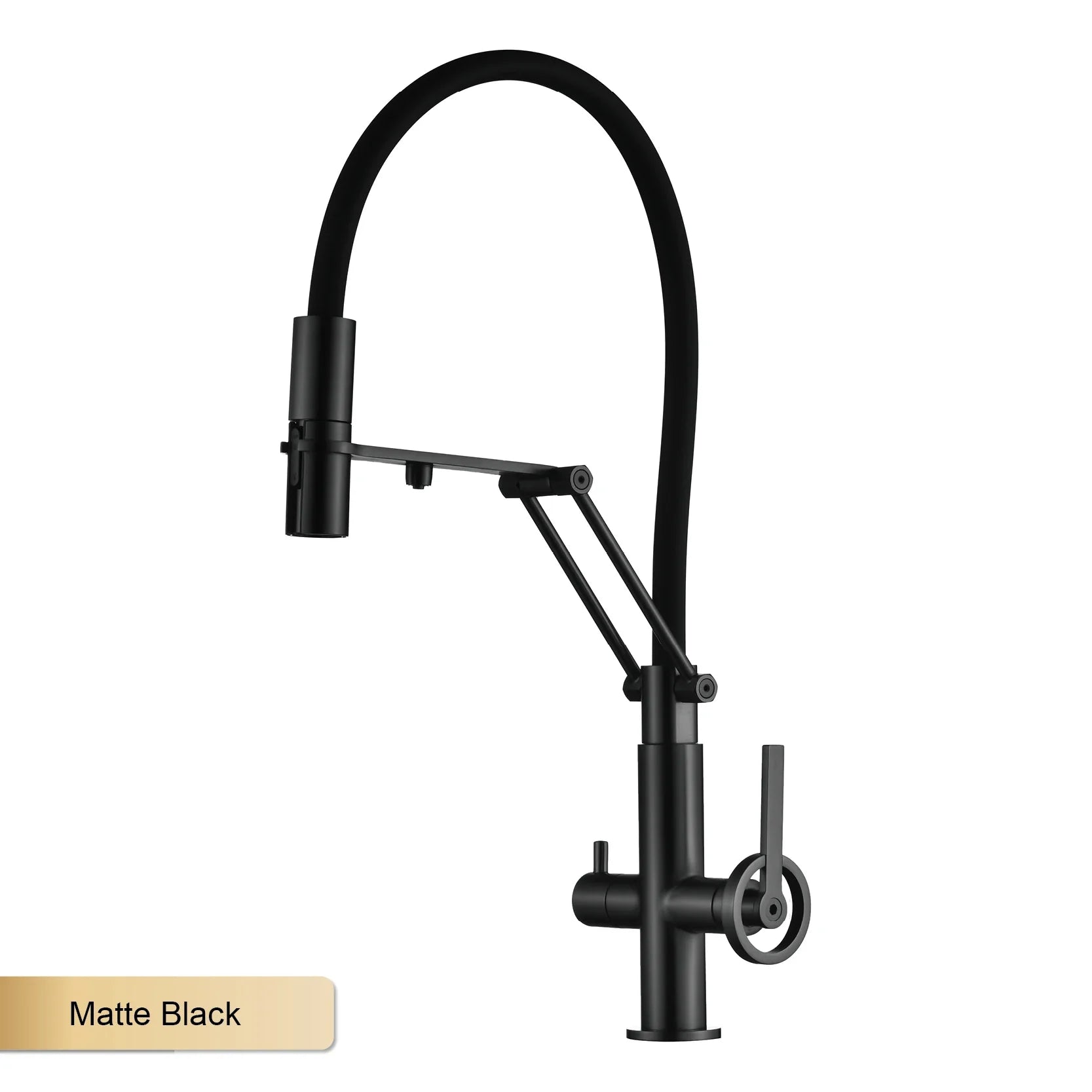 Matte black gun gray brass single hole kitchen faucet with sleek curved spout and adjustable pull out sprayer