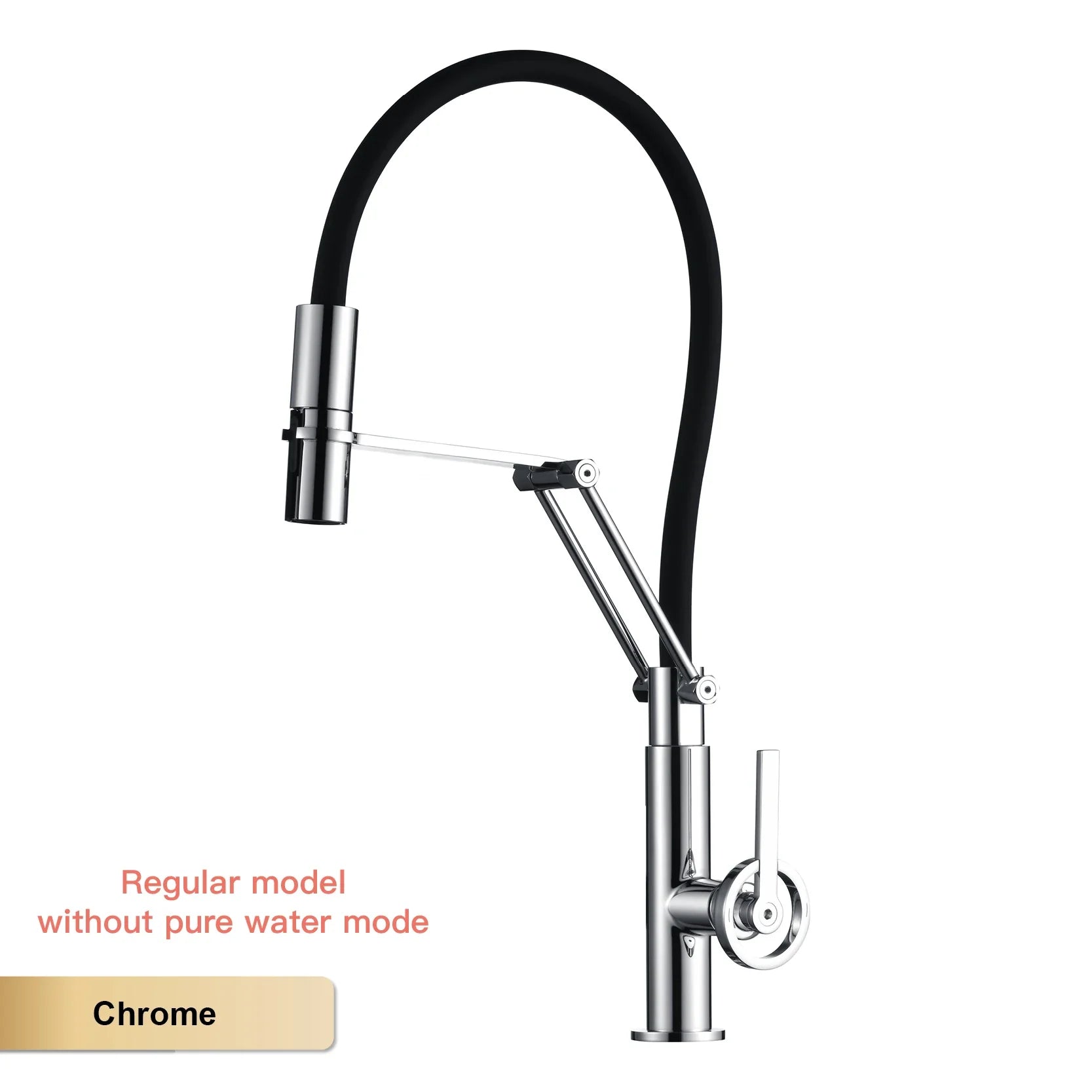 Gun gray brass single hole kitchen faucet with chrome finish, arched spout, black flexible hose, and filtered water sprayer