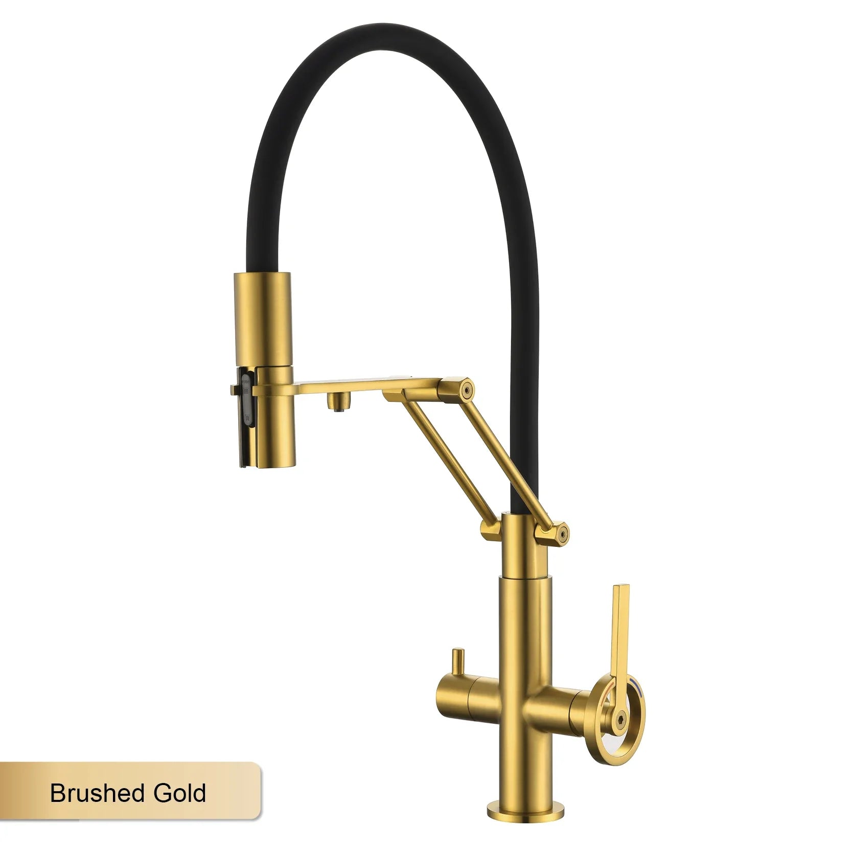 Gun gray brass single hole island kitchen faucet with brushed gold arched spout and black flexible pull out sprayer