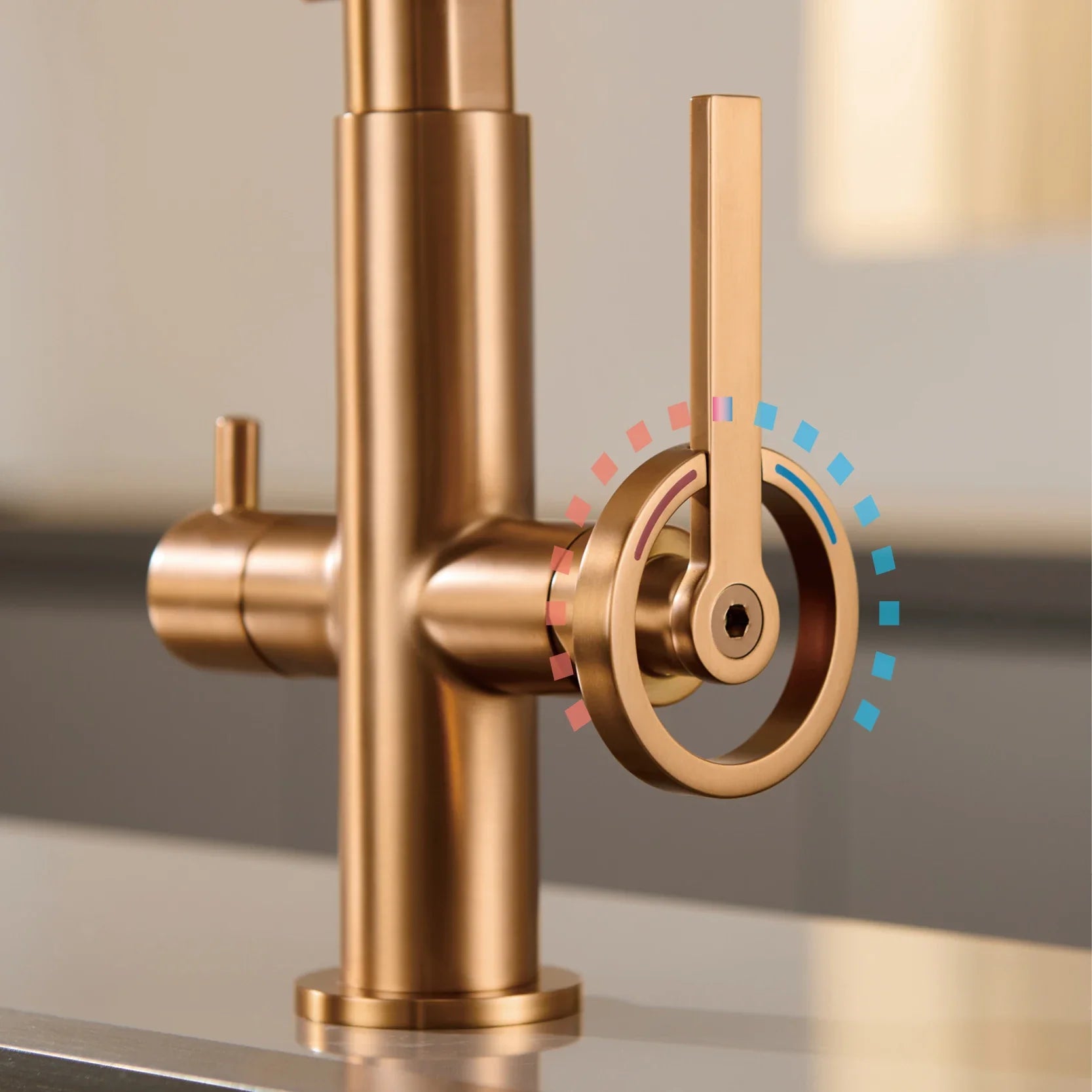 Modern gun gray brass single hole kitchen faucet with brushed brass finish, dual-tone circular handle, and pull out sprayer