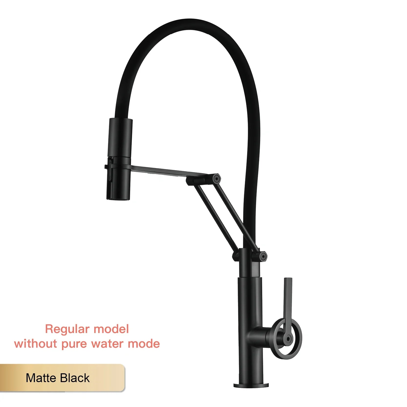 Matte black brass island style single hole kitchen faucet with curved spout lever handle and pull out sprayer