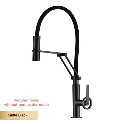 Matte black brass island style single hole kitchen faucet with curved spout lever handle and pull out sprayer
