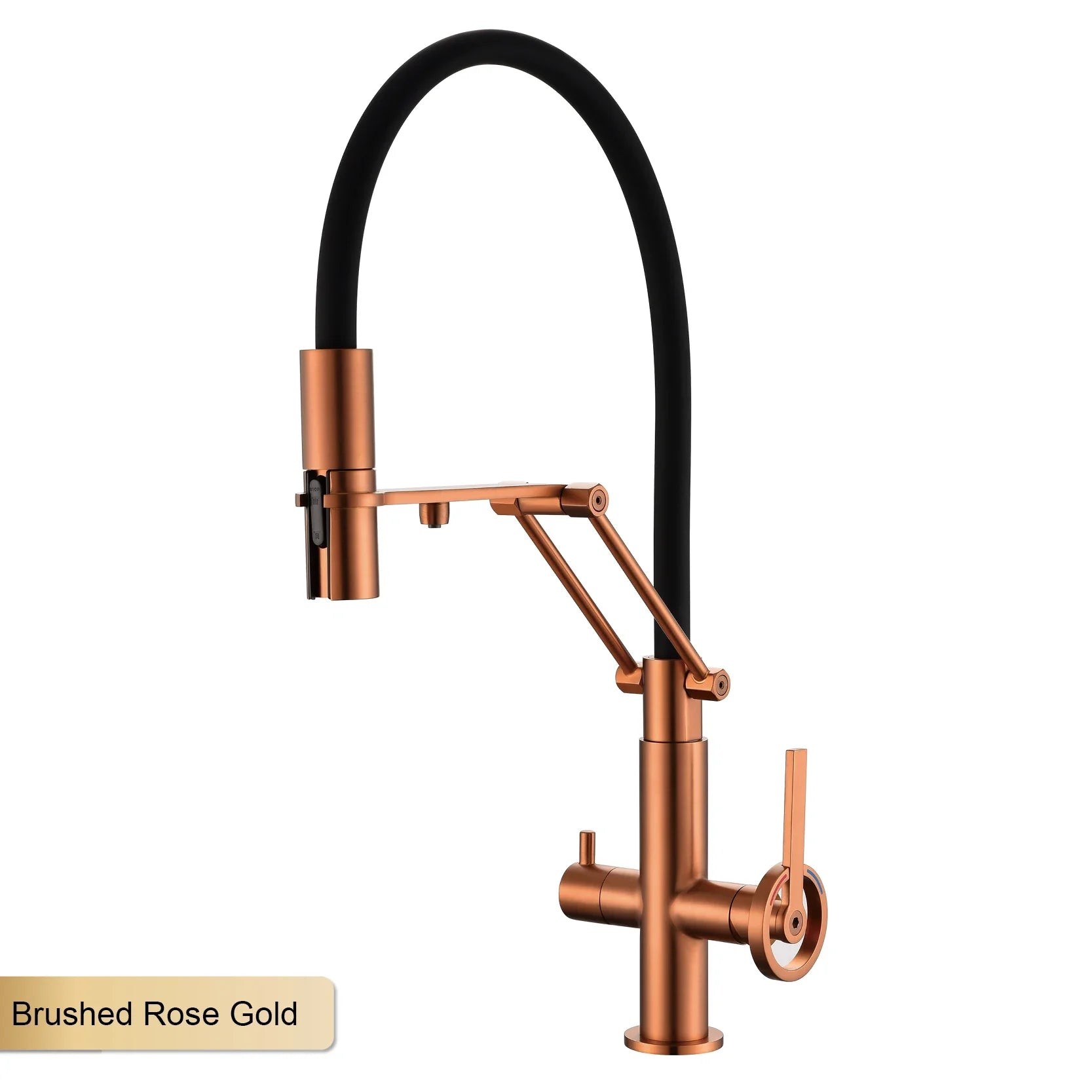 Brushed rose gold single hole kitchen faucet with gun gray brass, arched spout, black flexible hose, and two handles