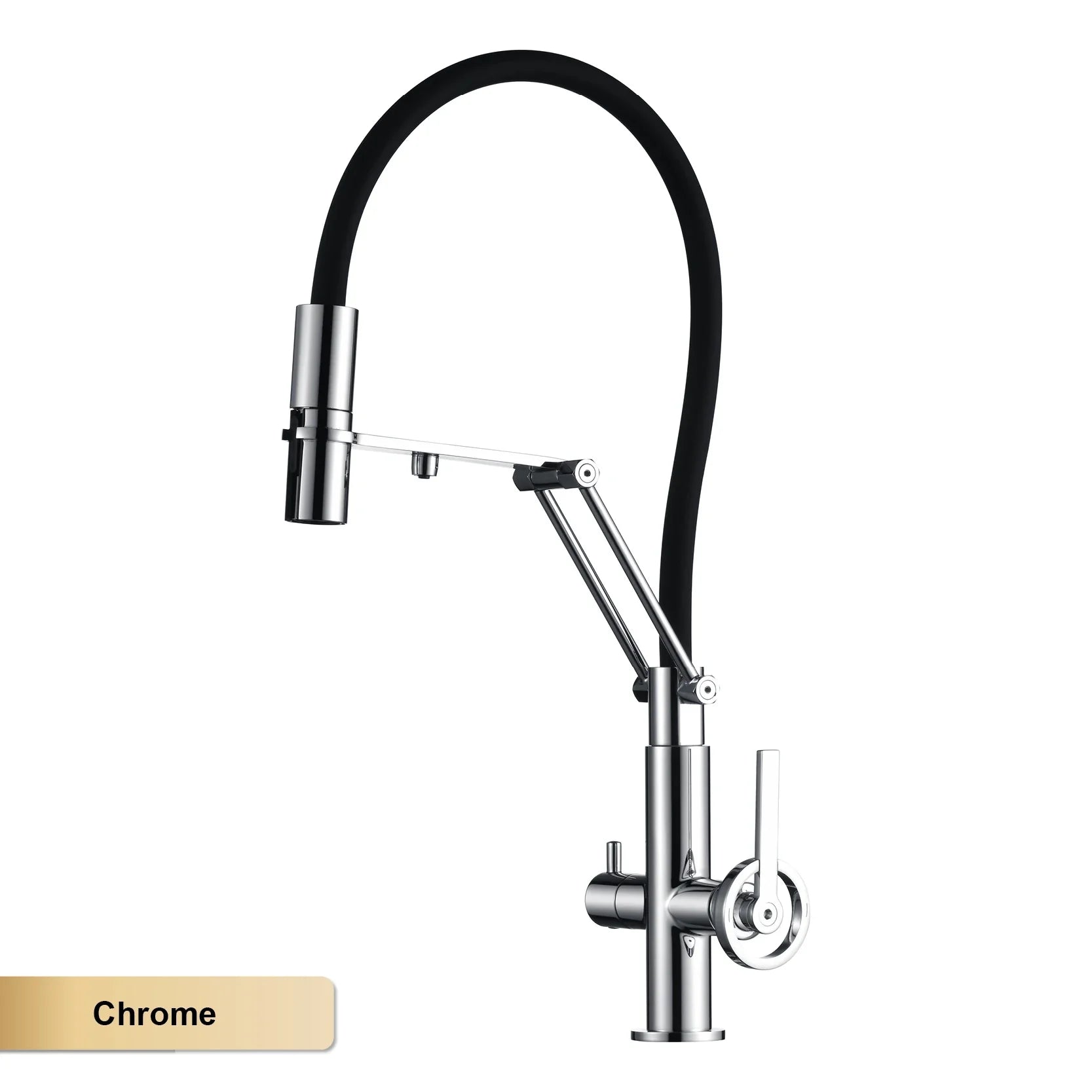 Gun gray brass single hole kitchen faucet with chrome finish, arched spout, black flexible hose, and pull out sprayer