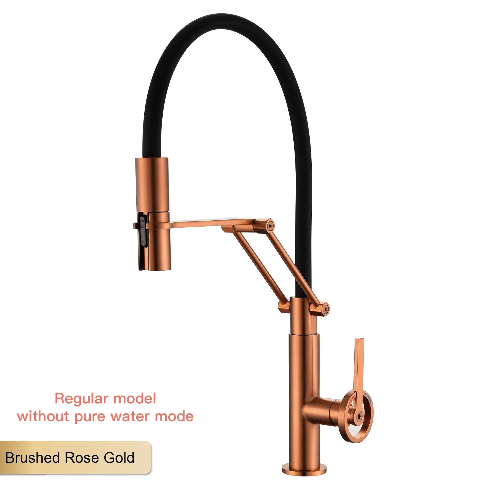 Brushed rose gold single hole kitchen faucet with black flexible hose and articulated arm for filtered water use