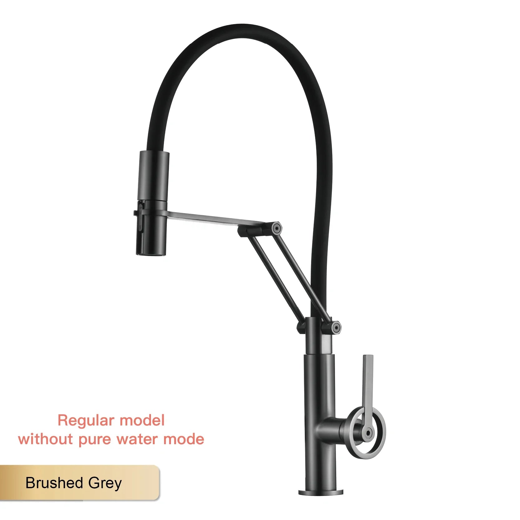 Gun gray brass single hole island kitchen faucet with brushed grey finish, curved spout, articulated arm, and pull out sprayer