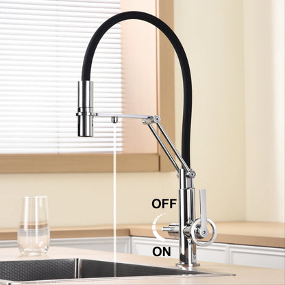 Chrome finished single hole gun gray brass island kitchen faucet with flexible black hose and adjustable gooseneck spout