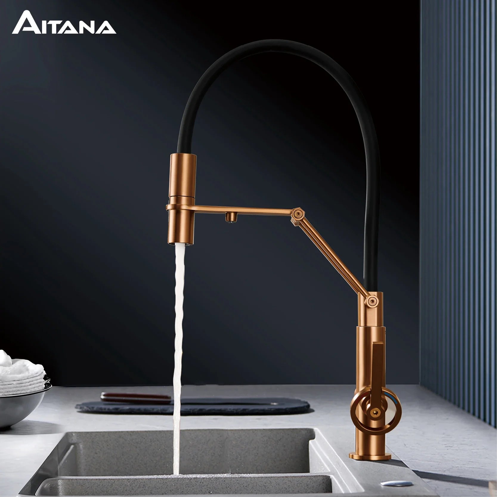 Aitana single hole gun gray brass island style kitchen faucet with rose gold finish and black flexible pull out sprayer