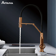 Aitana single hole gun gray brass island style kitchen faucet with rose gold finish and black flexible pull out sprayer