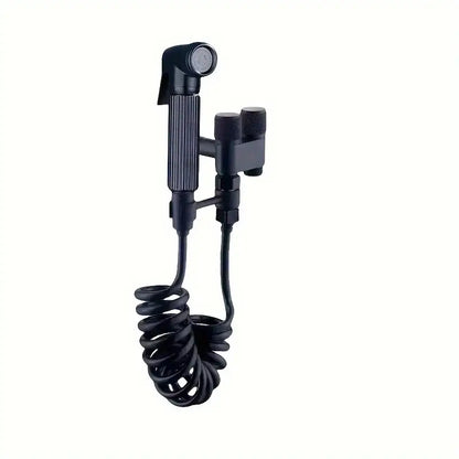 Black handheld bidet parts set with coiled hose and dual control knobs in gunmetal gray copper material