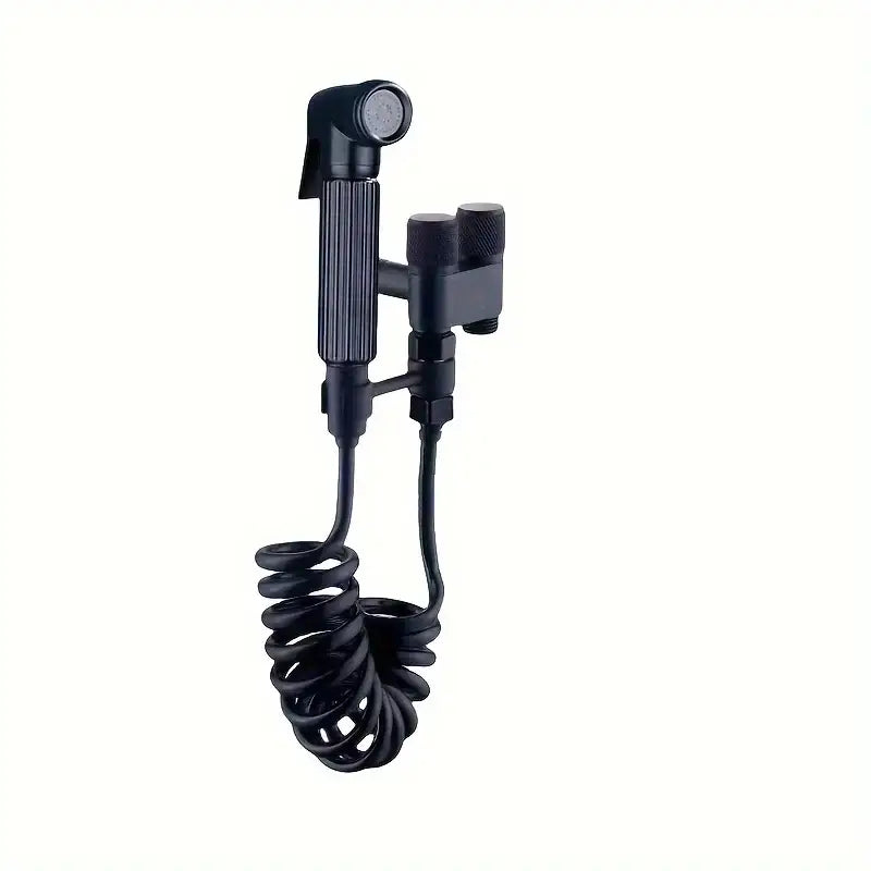 Black handheld bidet parts set with coiled hose and dual control knobs in gunmetal gray copper material