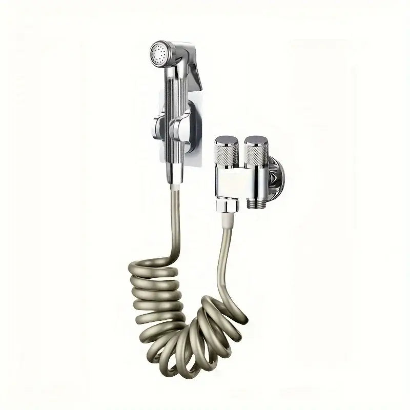 Chrome-finished wall-mounted gunmetal gray copper bidet parts set with coiled hose and dual nozzle control knobs