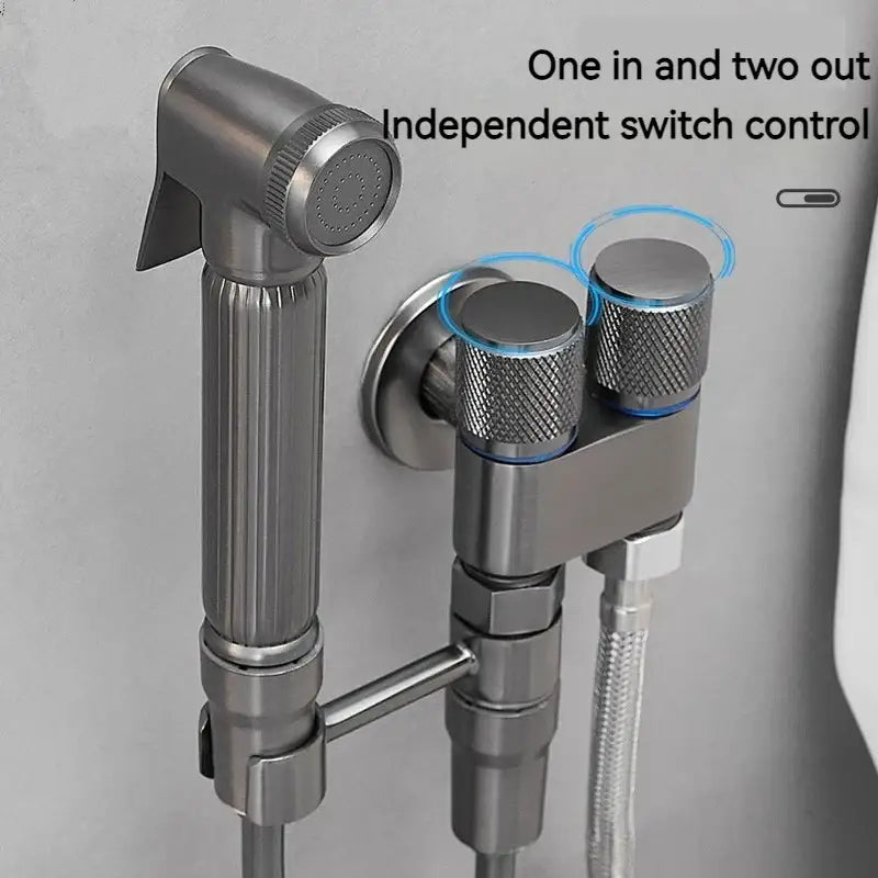 Gunmetal gray copper bidet parts set featuring stainless steel spray with textured knobs and ribbed handle for bathroom use