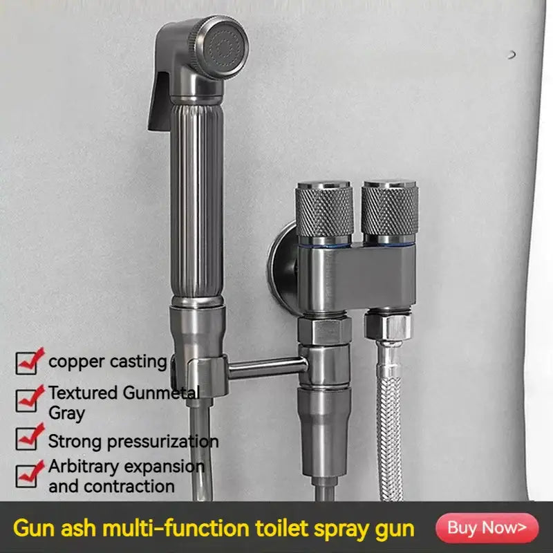 Gunmetal gray copper bidet parts set featuring a textured finish and dual nozzle control spray gun for bathroom use