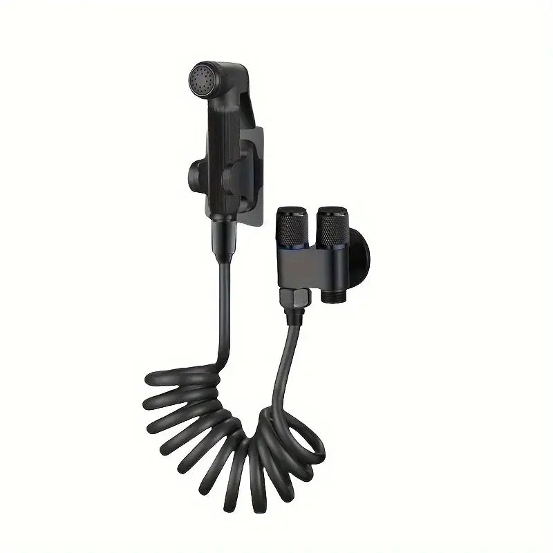 Gunmetal gray copper bidet parts set with black coiled hose showerhead dual nozzle attachment and mounting bracket