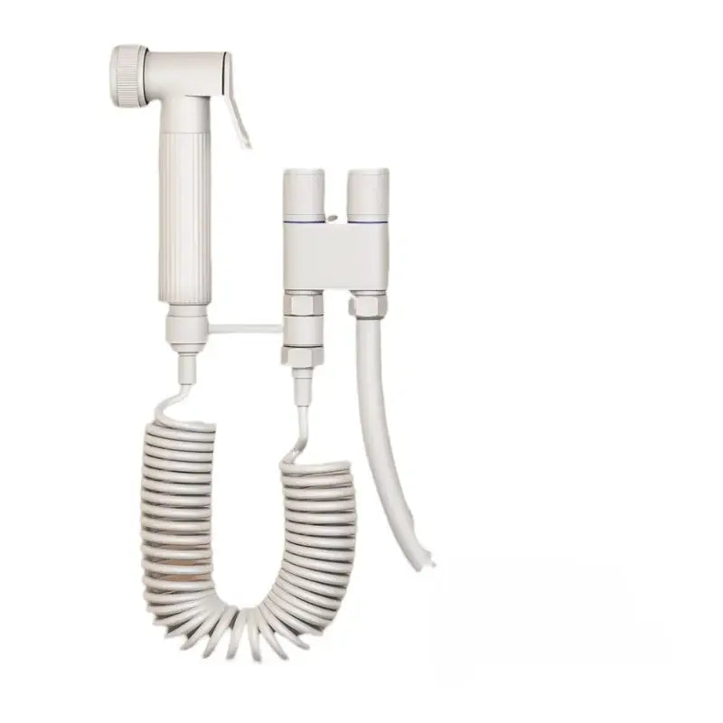 White plastic wall-mounted bathroom sprayer with coiled hose and dual nozzle for gunmetal gray copper bidet parts set