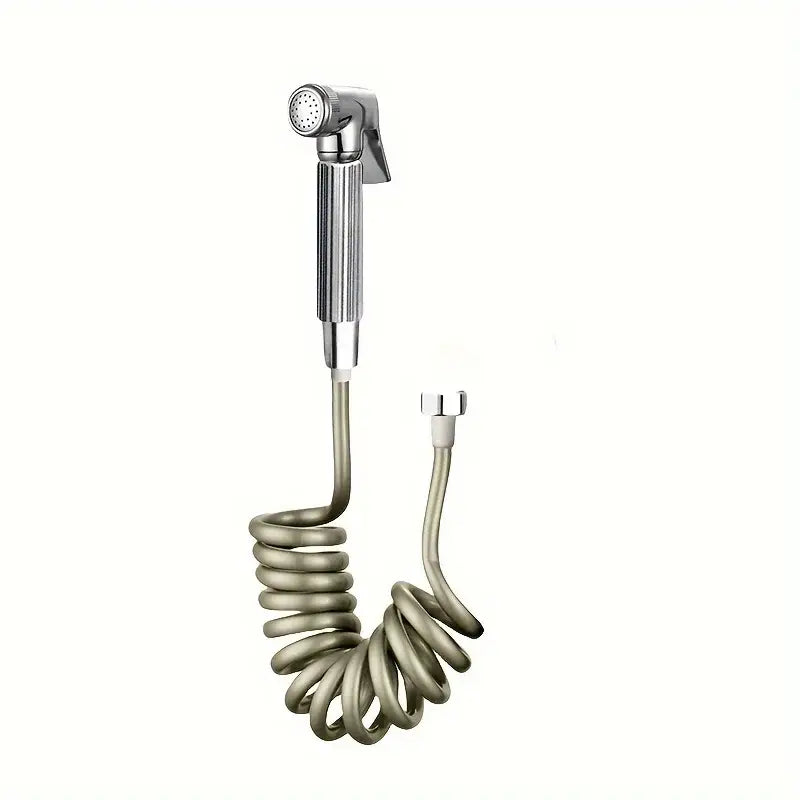 Gunmetal gray copper bidet parts set with silver-toned coiled hose and chrome-finished handheld showerhead connector