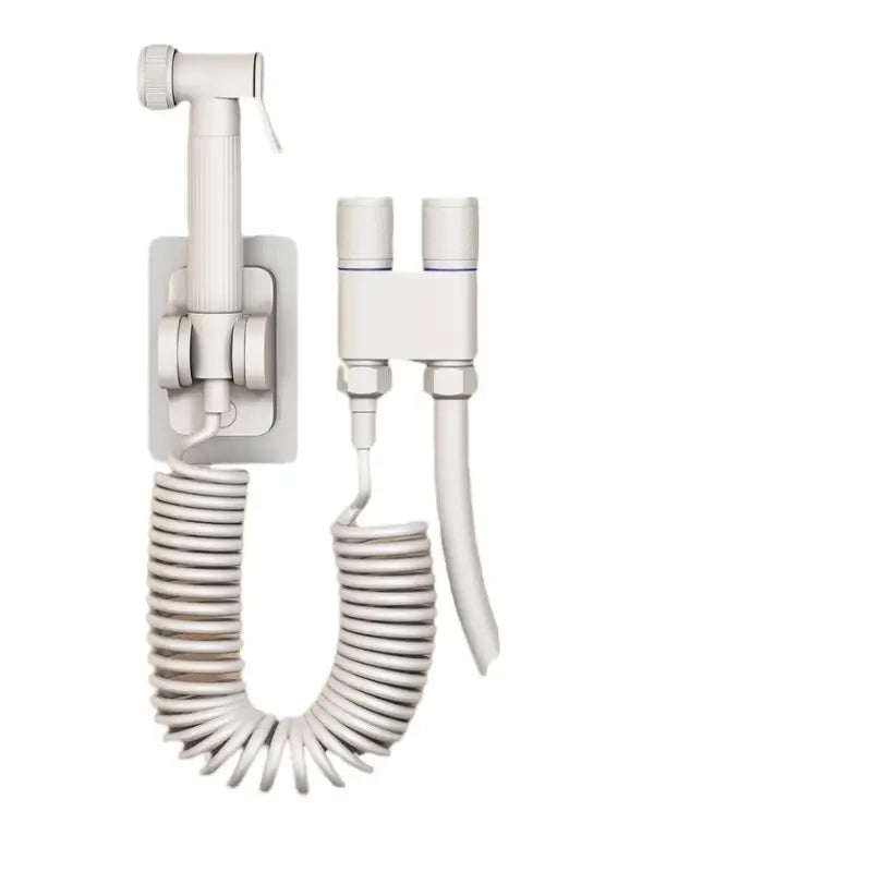 White wall-mounted gunmetal gray copper bidet parts set with coiled hose and dual-tube water supply system