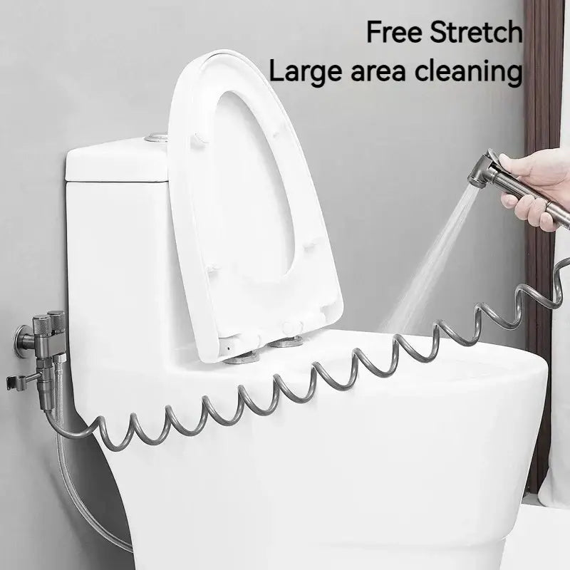 Silver coiled hose handheld shower nozzle for toilet cleaning in gunmetal gray copper bidet parts set with dual nozzle control