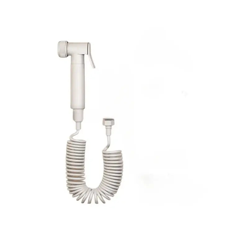 Gunmetal gray copper bidet parts set with a white plastic handheld shower sprayer and coiled hose for dual nozzle control