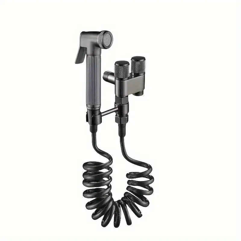 Gunmetal gray copper bidet parts set featuring a black metal shower sprayer with coiled hose and dual-function nozzle