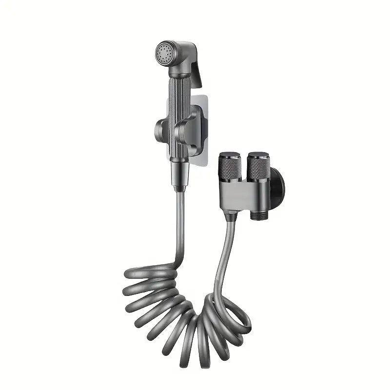 Gunmetal gray copper bidet parts set featuring a black matte wall-mounted sprayer with coiled hose and dual control knobs