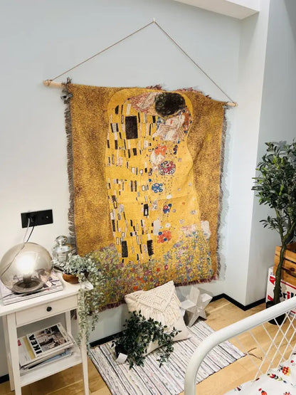 A textured mustard-yellow woven tapestry blanket featuring gustav klimt the kiss art pattern for bedroom decorbites decor