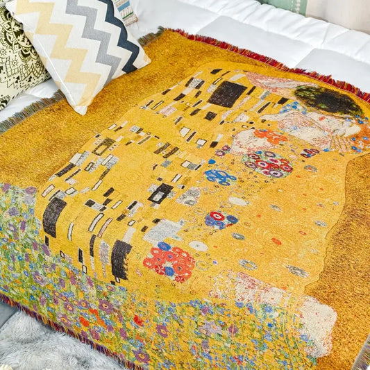 Vibrant yellow decorbites jacquard tapestry decorative throw featuring gustav klimt the kiss design with floral patterns and red fringe