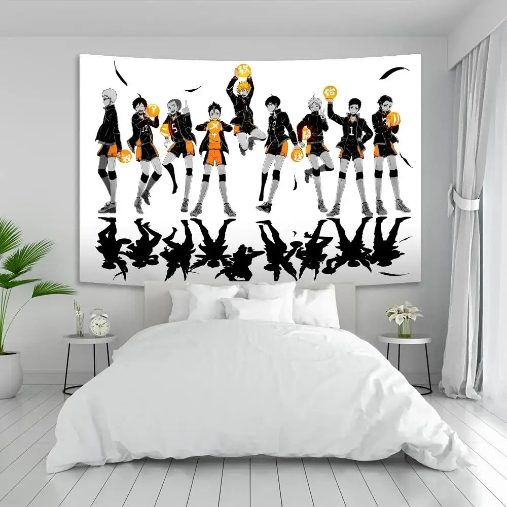 Black and orange haikyuu anime poster tapestry featuring dynamic volleyball players on white background for bedroom decor