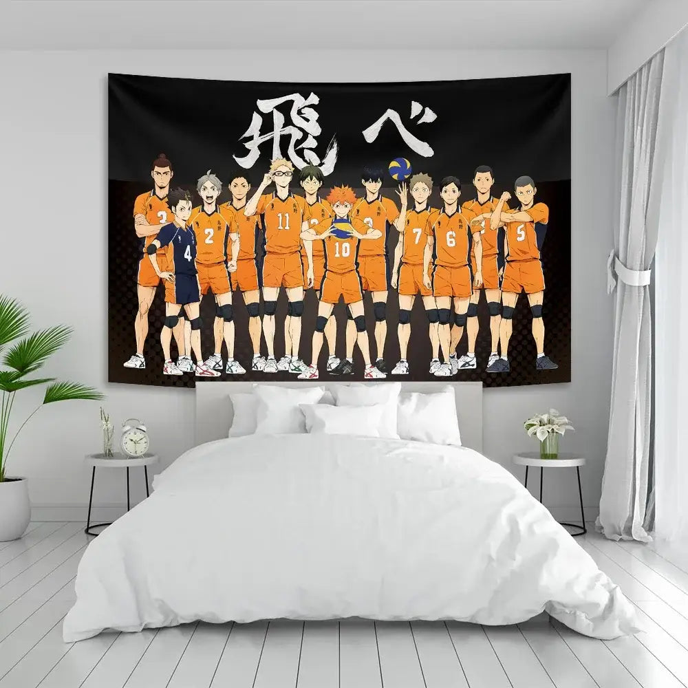 Black anime poster tapestry featuring haikyuu anime volleyball team in orange uniforms with white japanese characters
