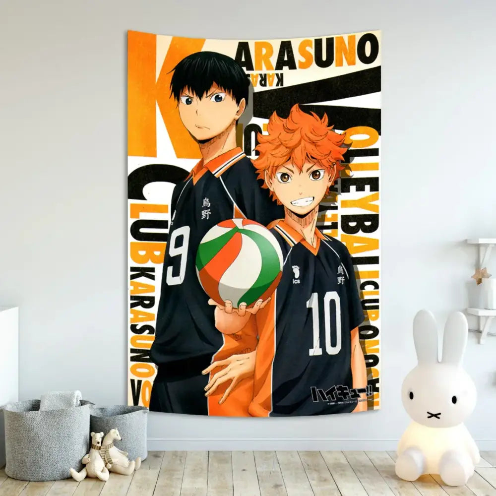 Orange and black karasuno volleyball team haikyuu anime poster tapestry with two characters holding a green white and orange ball