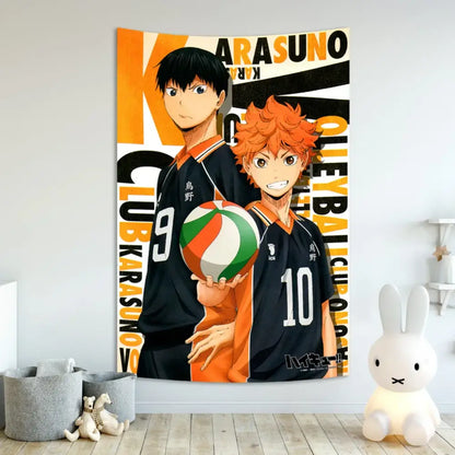 Orange and black karasuno volleyball team haikyuu anime poster tapestry with two characters holding a green white and orange ball