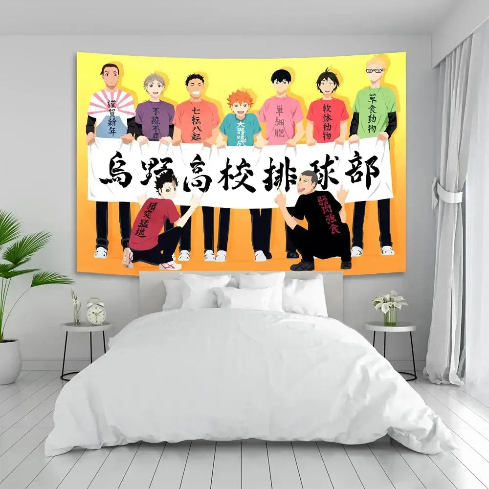 Vibrant yellow and orange haikyuu anime poster tapestry with characters holding a banner for bedroom wall decor