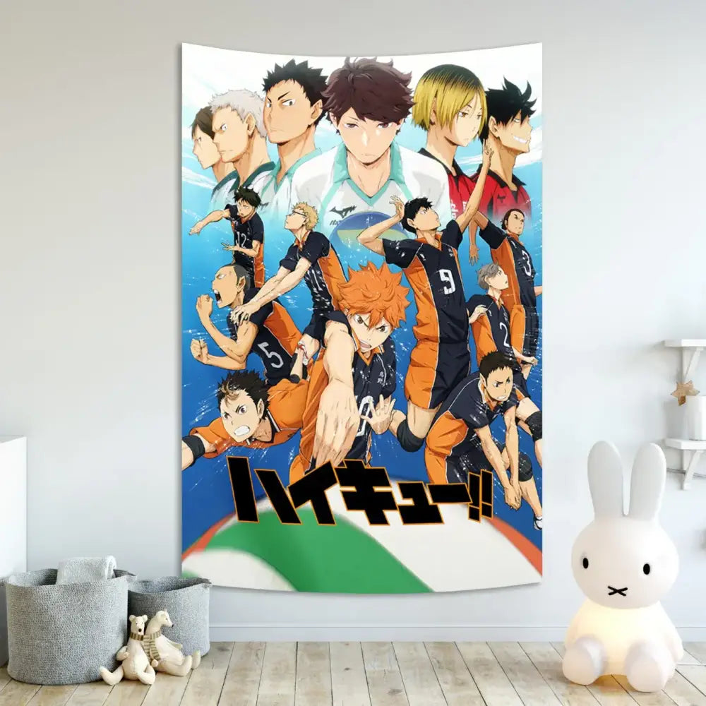 Vibrant blue green and white haikyuu anime poster tapestry featuring dynamic characters with bold black japanese lettering