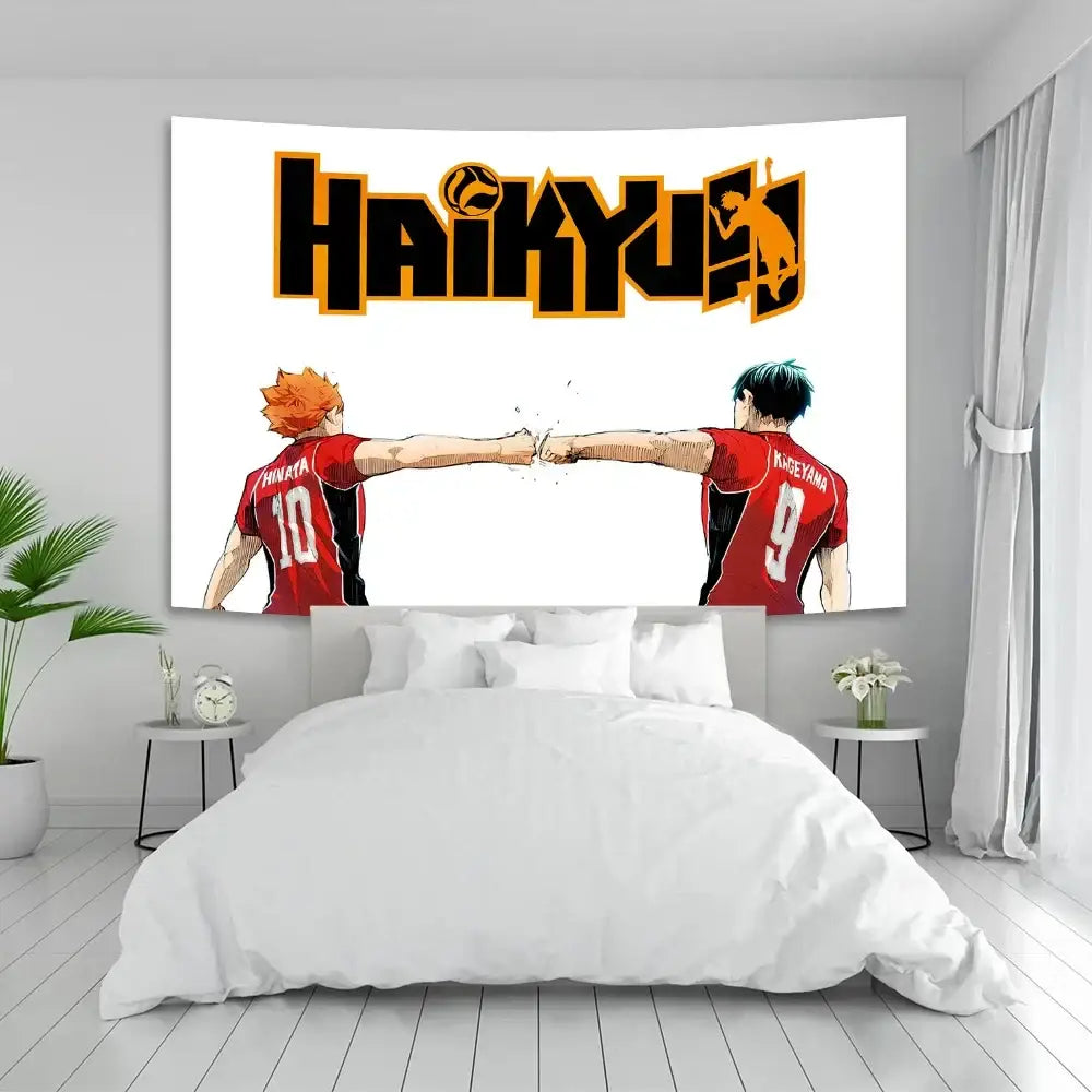 White haikyuu anime poster tapestry showing two red jersey volleyball players from the back for bedroom decor