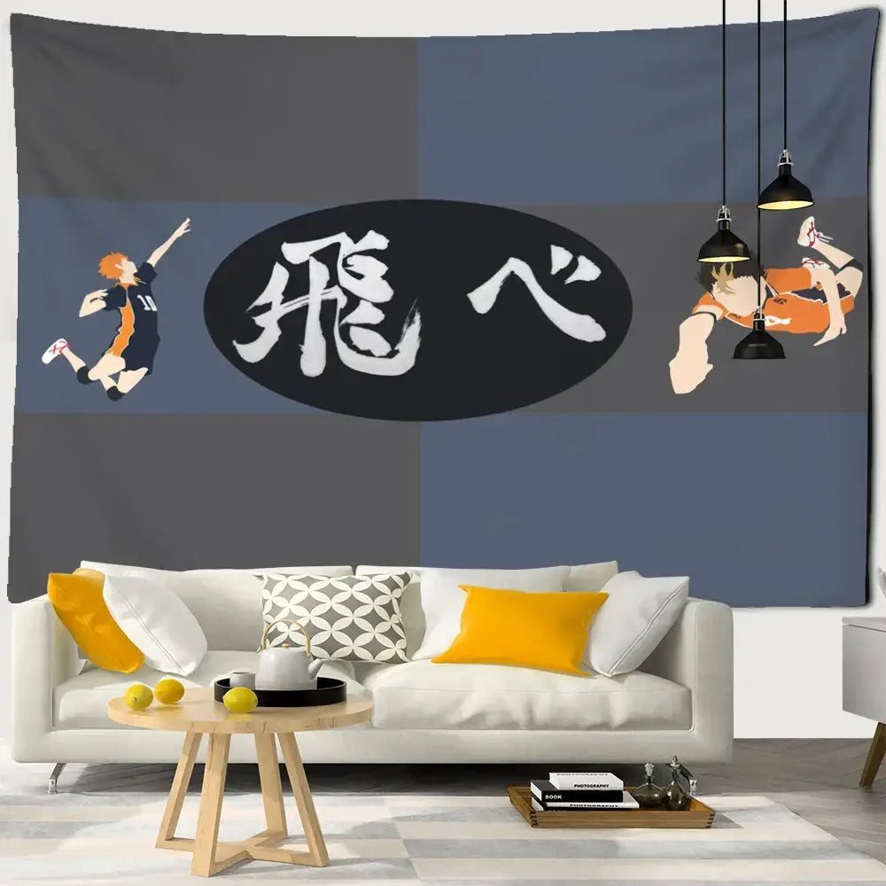 Gray and blue haikyuu black white letters tapestry with white letters and volleyball player illustrations for bedroom wall hanging