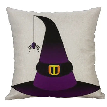Purple witch hat pillow cover with black brim gold buckle and hanging purple spider for halloween pumpkin ghost bat decor