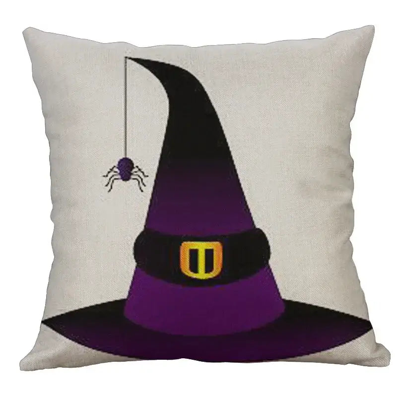 Purple witch hat pillow cover with black brim gold buckle and hanging purple spider for halloween pumpkin ghost bat decor