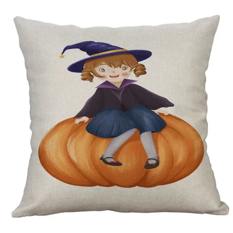 Beige linen pillow cover with cartoon smiling witch in purple hat on orange pumpkin for halloween pumpkin ghost bat decor