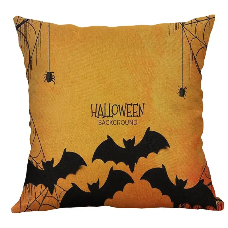Orange halloween pumpkin ghost bat linen pillow cover with black bats spiders webs and halloween text for living room decor