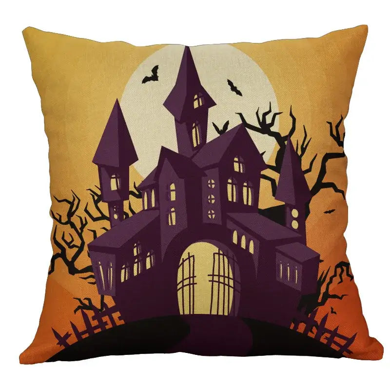 Purple haunted castle pillow cover with pumpkin ghost bat design and orange yellow gradient background for halloween decor