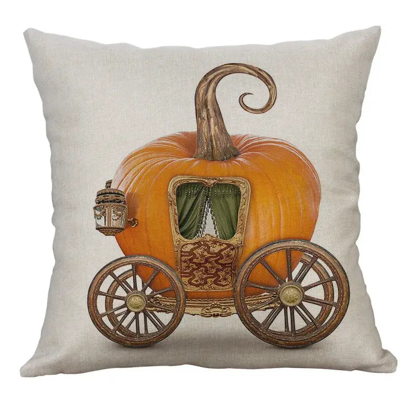 Cream-colored linen pillow cover featuring a detailed halloween pumpkin ghost bat pumpkin carriage design for living room decor