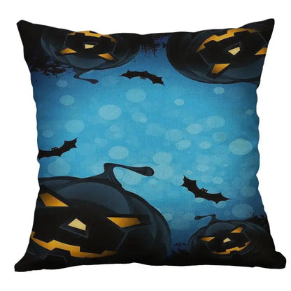 Black and orange halloween pumpkin ghost bat linen pillow cover with carved pumpkins and bats on blue background for decor