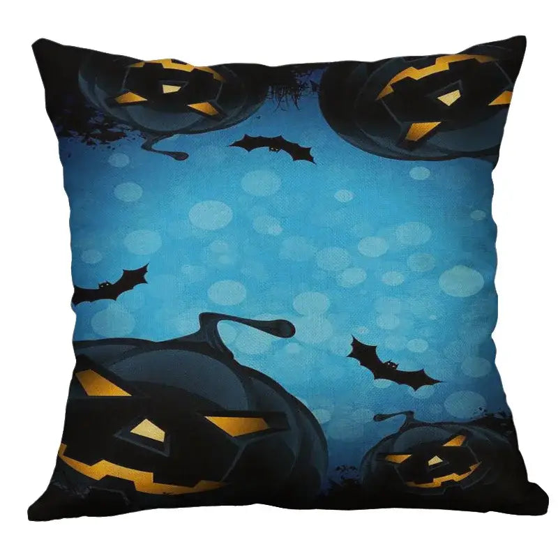 Black and orange halloween pumpkin ghost bat linen pillow cover with carved pumpkins and bats on blue background for decor